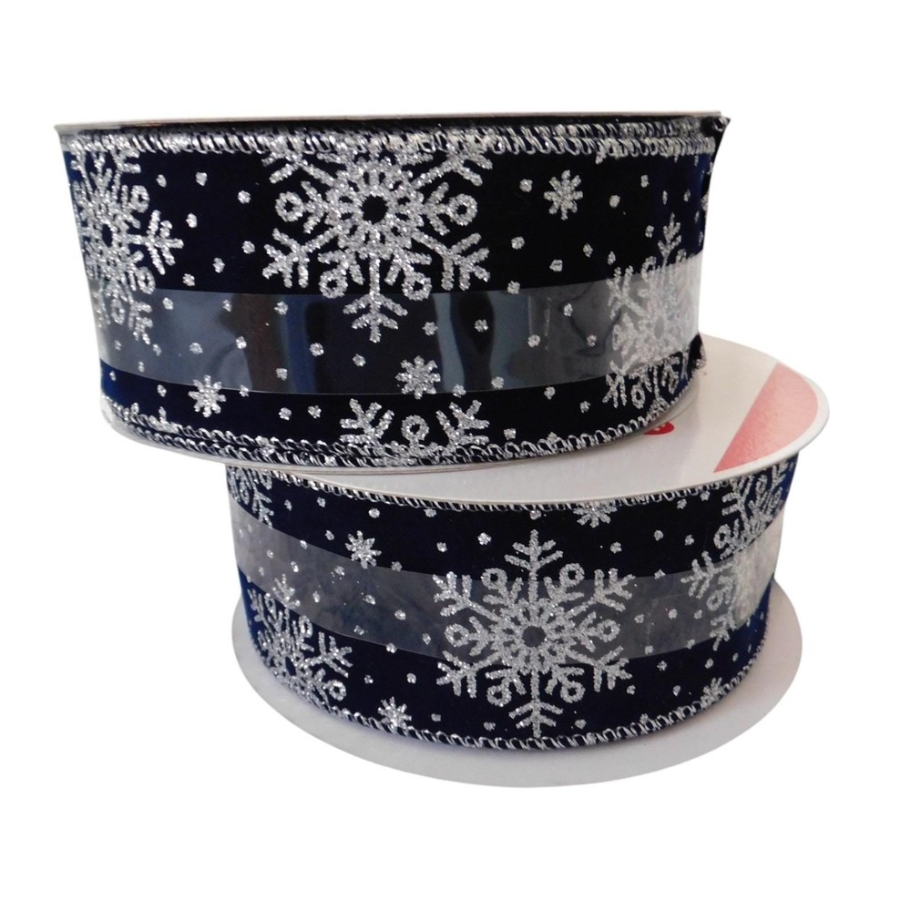 Lot of 2 Wired Jumbo Ribbon Navy Blue Velvet Silver Snowflake 2.5" X 60 ft EACH‎